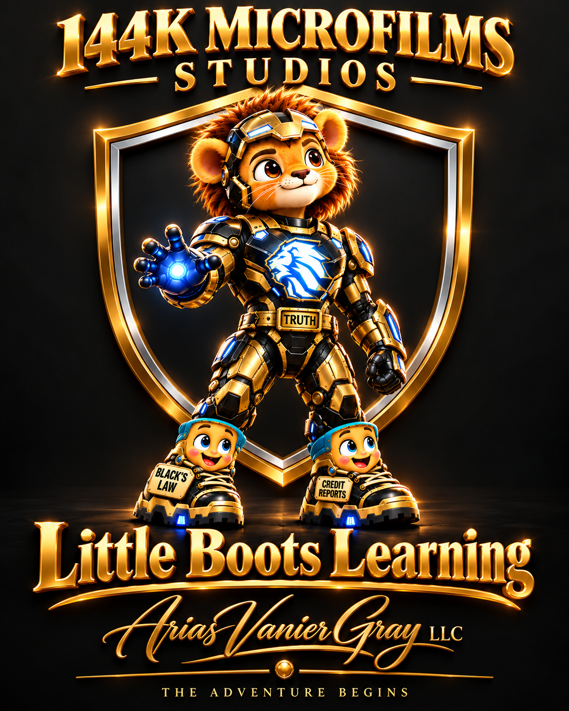 Little Boots Learning poster — armored lion cub mascot in gold and blue suit with Black's Law and Credit Reports on boots, shield emblem, 144K Microfilms Studios, by Arias Vanier Gray LLC. The Adventure Begins.